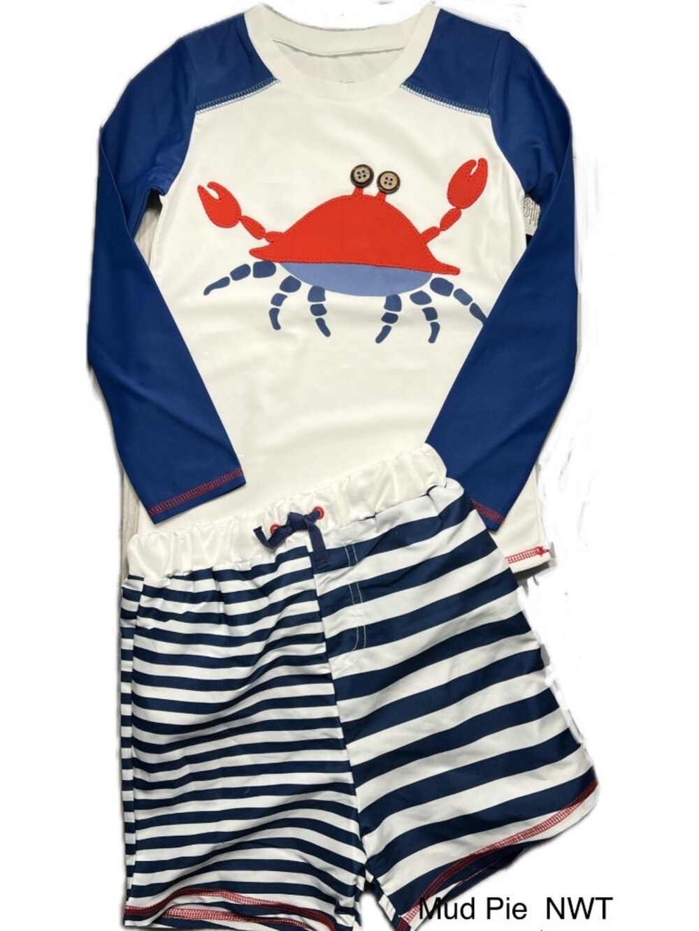 Mud Pie 4T 5T NWT Rash Guard swim trunks Set swimsuit USA CRAB red blue nautical